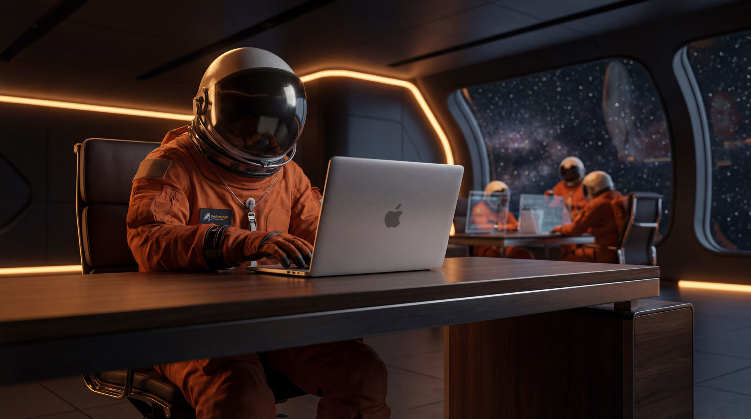 Astronaut in einem orangenen Anzug im Büro, arbeitet am MacBook