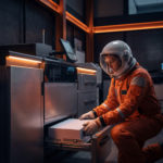 Astronaut bedient einen Drucker in einer Spacestation