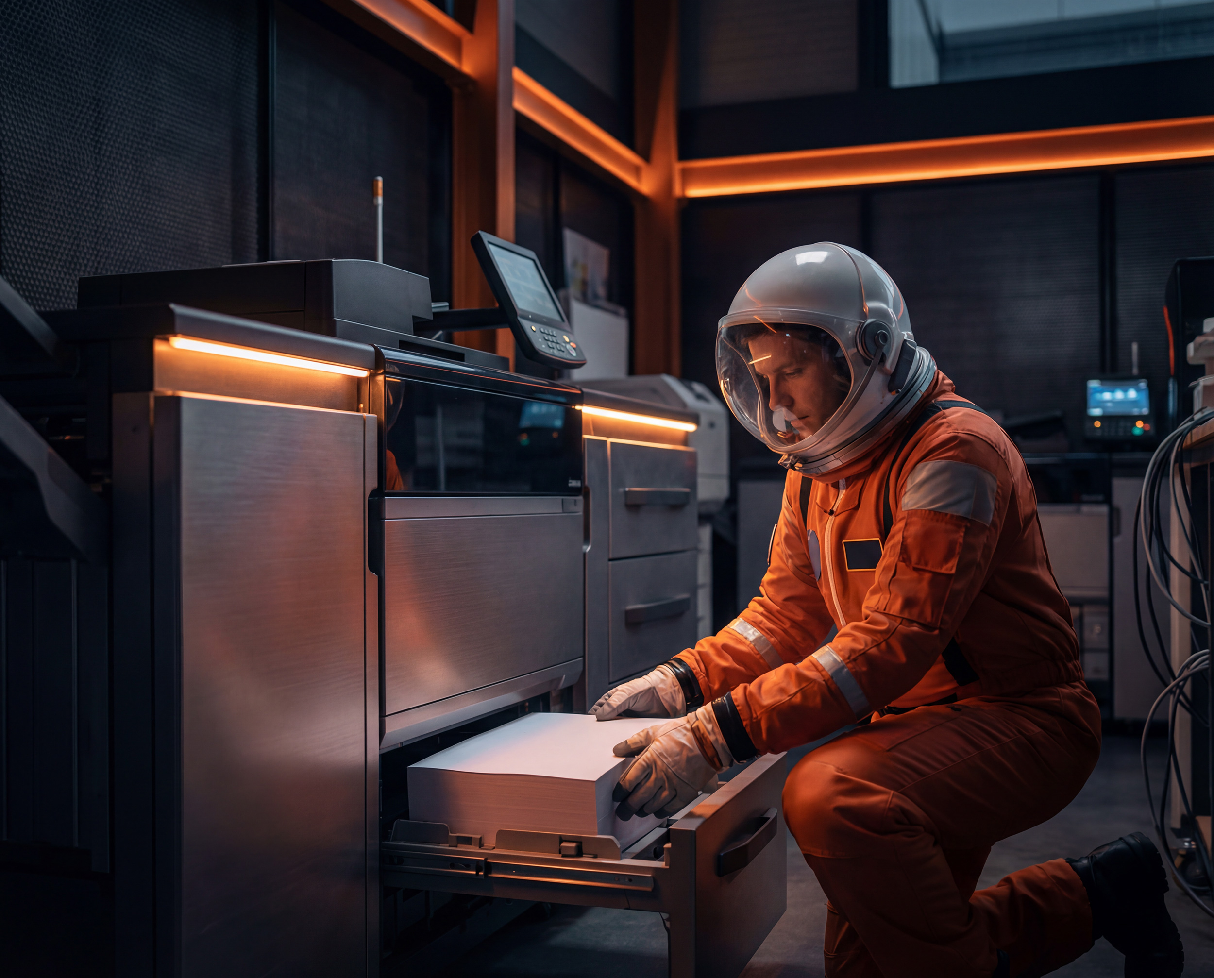 Astronaut bedient einen Drucker in einer Spacestation