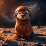 Kleiner Otter im Astronautenanzug sitzt auf dem Mond