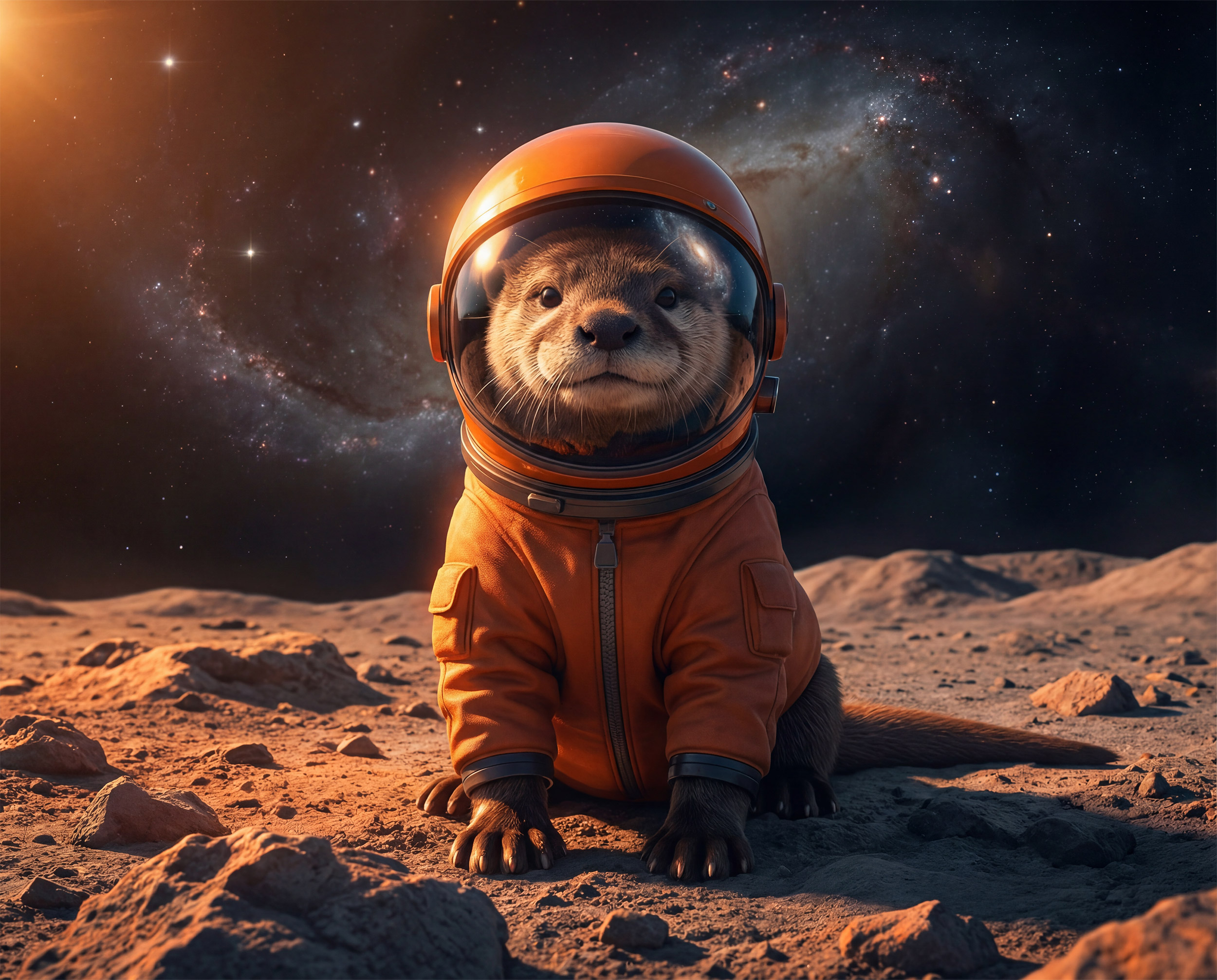 Kleiner Otter im Astronautenanzug sitzt auf dem Mond