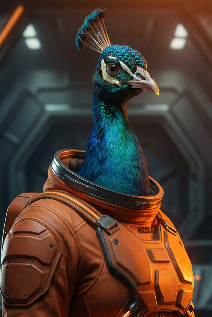 Pfau in einem Astronautenanzug - Nicole
